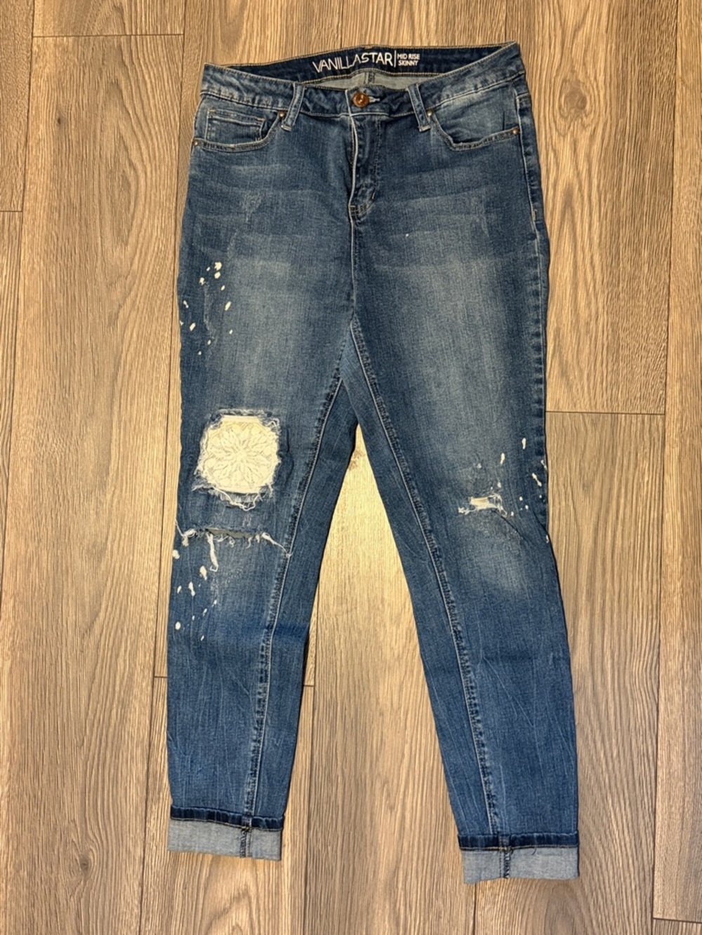 Vanilla Star Blue Distressed Boyfriend Jeans with Lace Patch